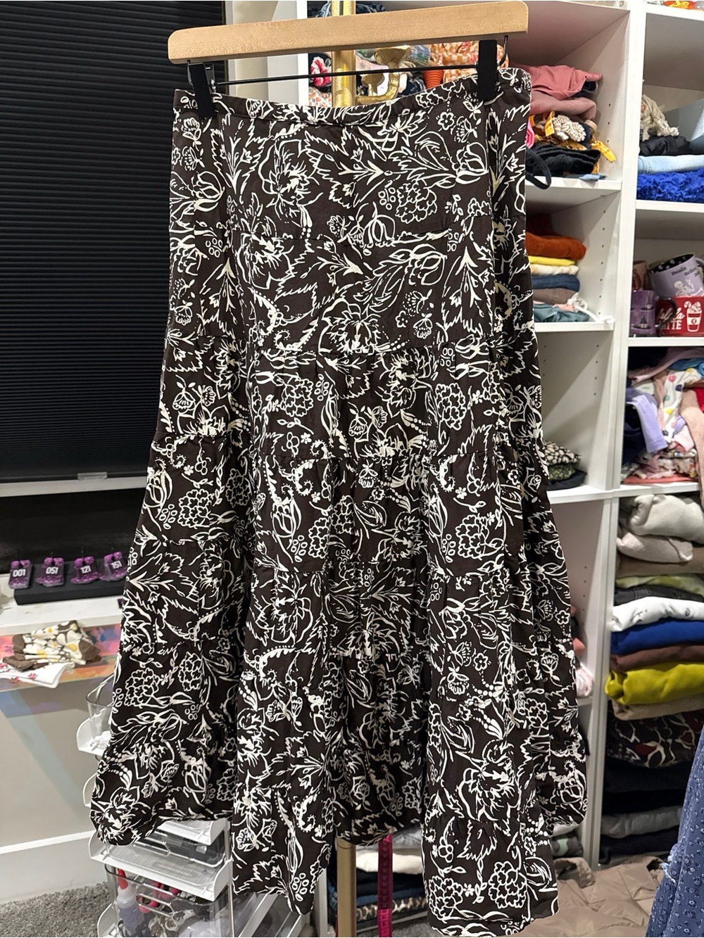 LOFT Brown White Floral Tiered Skirt fall zipper cotton boho - Picture 2 of 5